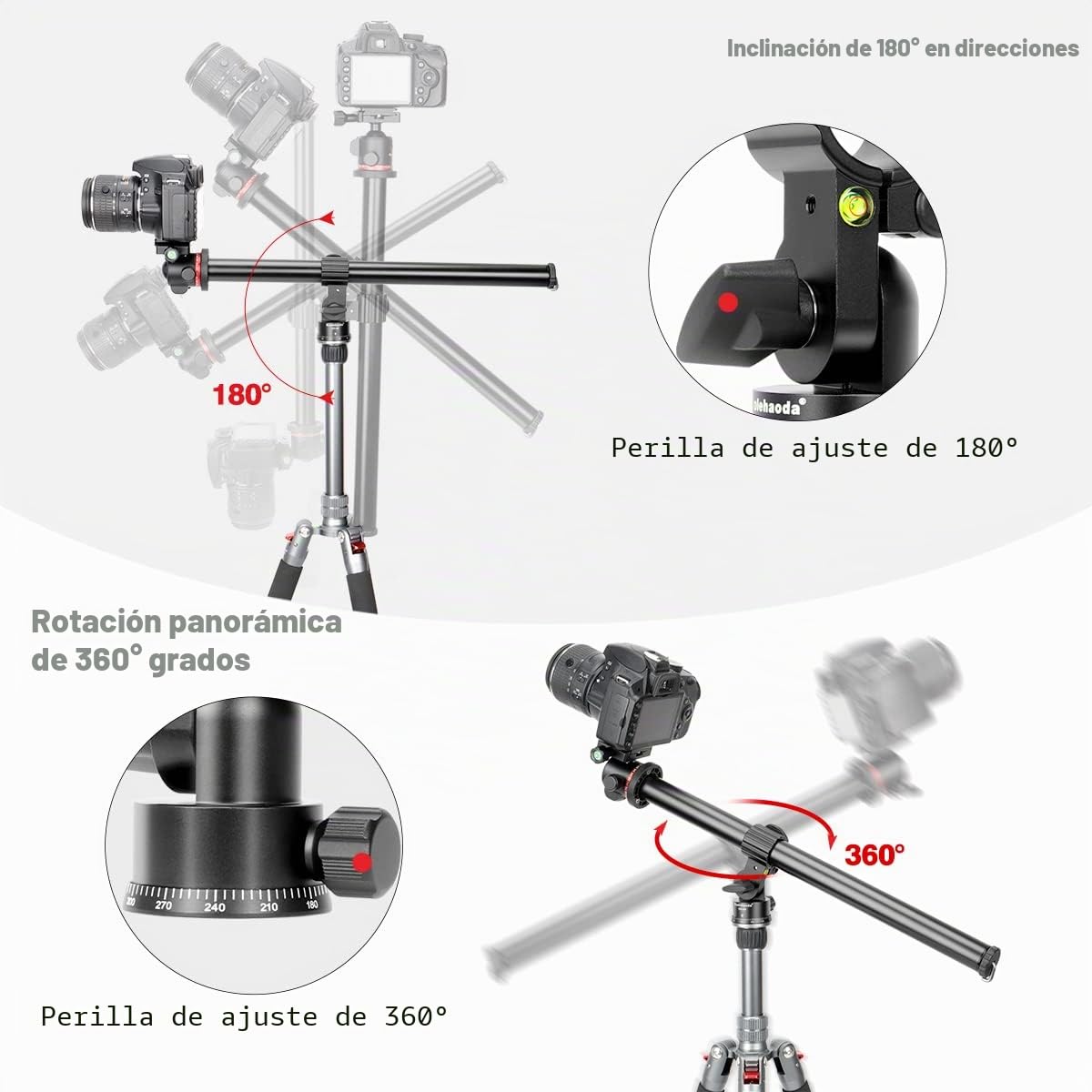 Koolehaoda Brazo de extensión de trípode 83 cm, brazo de extensión horizontal central, tubo 28 mm, base giratoria 360° para fotografía superior y macro, carga hasta