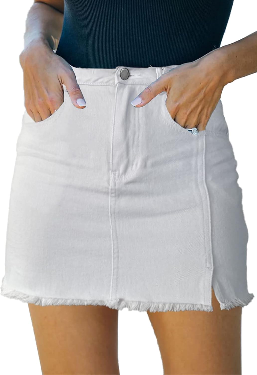 Women’s Denim Mini Skirt High Waist Casual Split Hem Washed Frayed A-line Jean Skirts with Pocket for Women