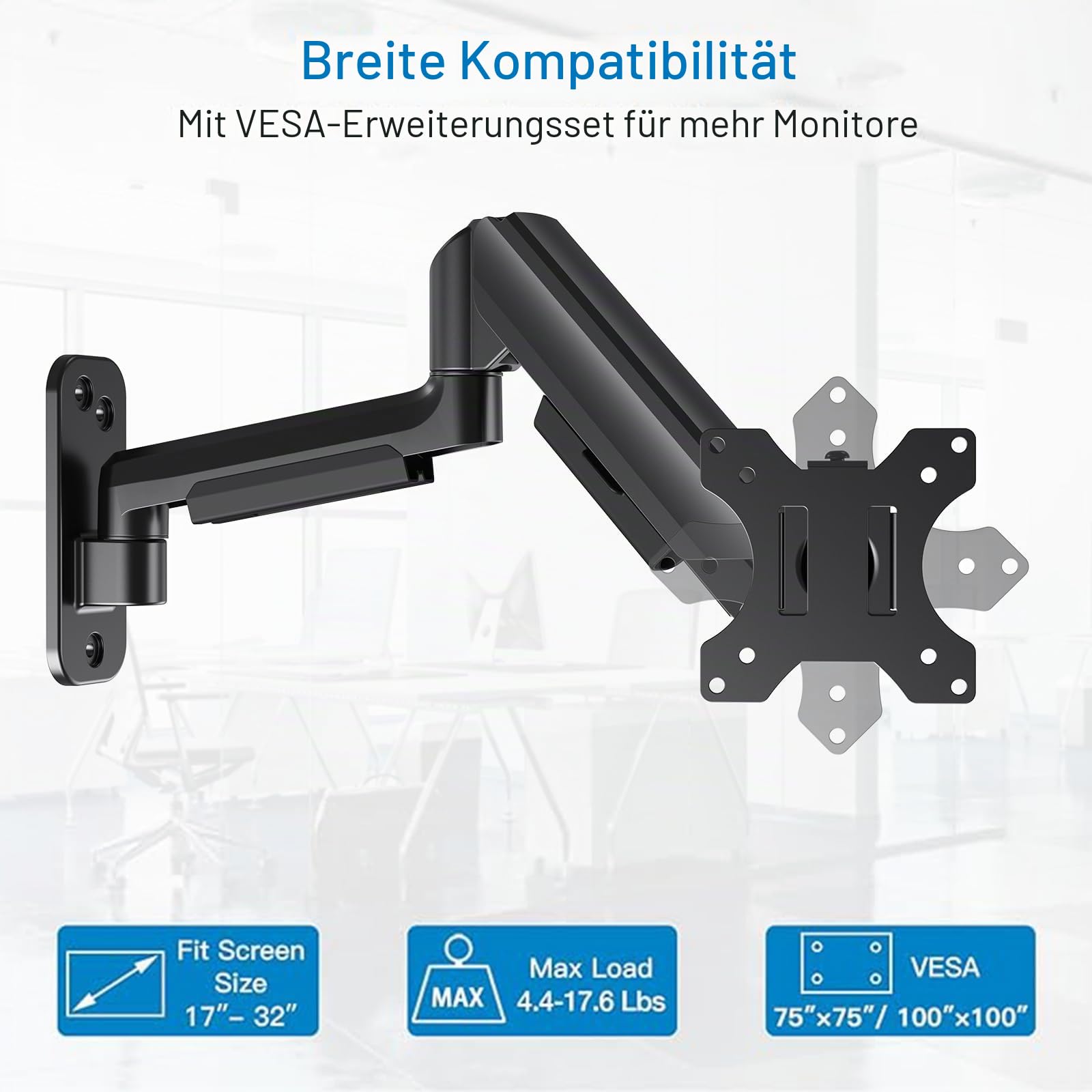 HUANUO Monitor Wandhalterung für 17-32 Zoll LED/LCD/TV Bildschirm, Monitor Halterung Wand, Monitor Arm Wall Mount mit 360° Drehbar Arm, VESA 75mm 100mm Gaming