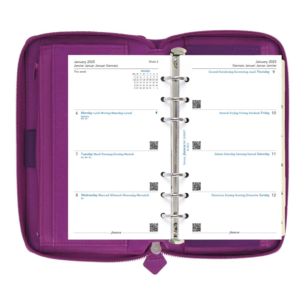 Filofax Saffiano C022535-25 - Organizer con cerniera, formato compatto e personale, color rasperry, effetto pelle, 6 anelli, visualizzazione settimanale, multilingue