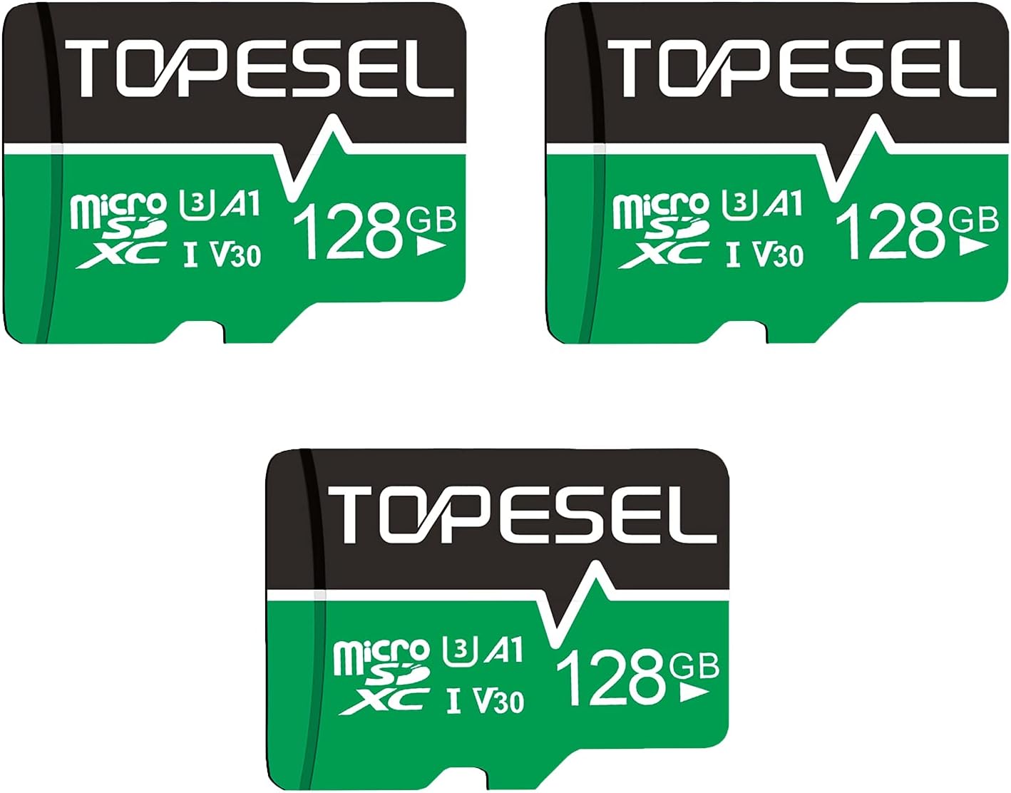 TOPESEL 128GB Micro SD Card 3 Pack Memory Cards A1 V30 U3 Class 10 Micro SDXC UHS-I TF Card for Cemera/Drone/Dash Cam(3 Pack U3 128GB)