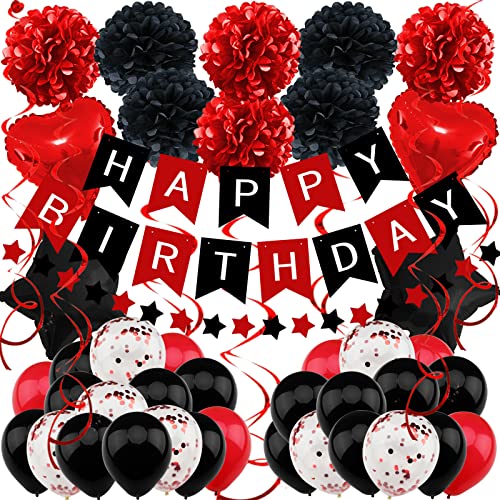 Zerodeco Décorations d'anniversaire pour Femme, Noir et Rouge Décorations de fête d'anniversaire Joyeux Anniversaire Nannière Pompons en Papier Ballon pour Garçons Filles Hommes Femmes