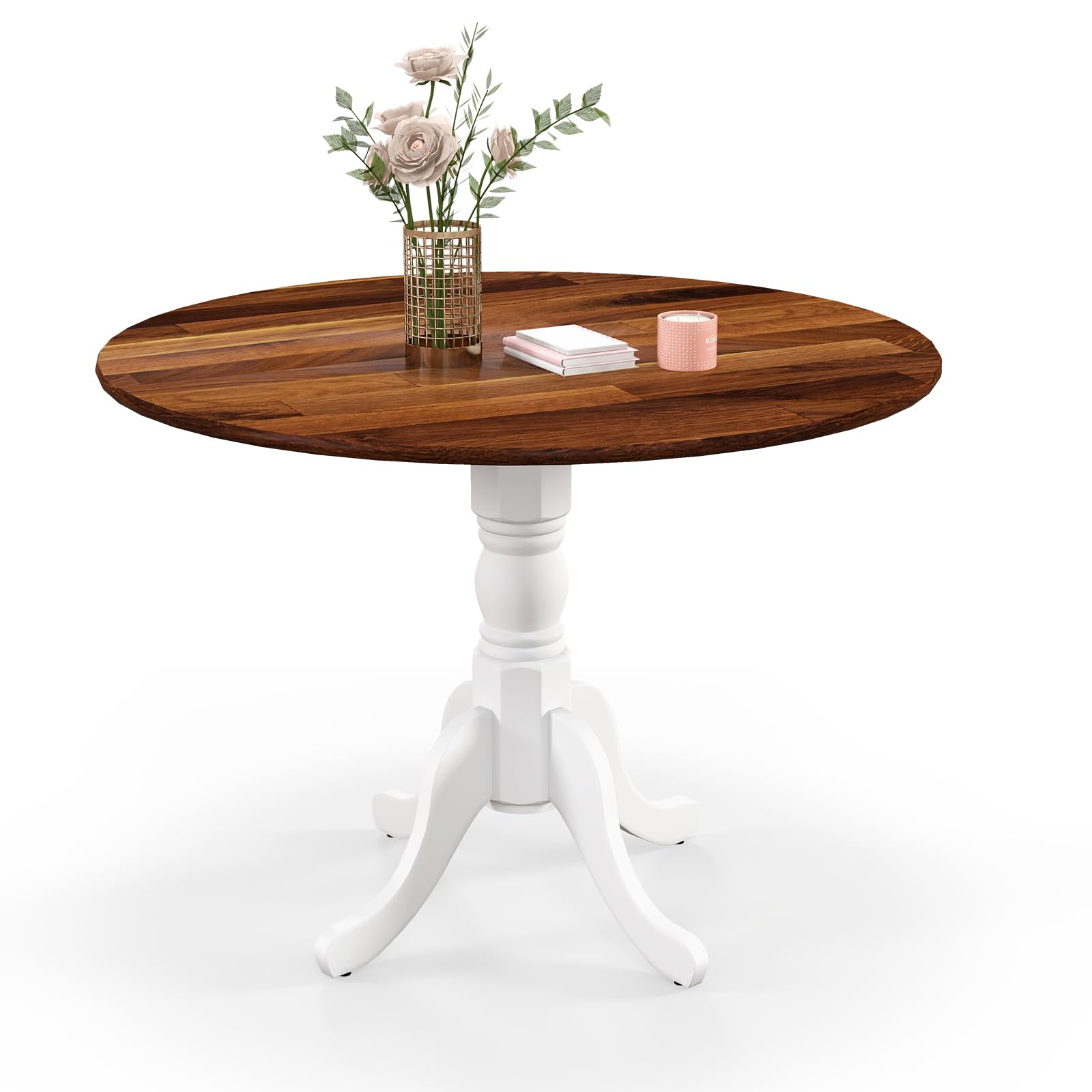 TANGZON Round Dining Table, 100cm Rubber Wood Kitchen Table with Pedestal Legs & Adjustable Foot Pads, 4 Seater Farmhouse Dinner Table Furniture for Home Dining Living Room Restaurant (Walnut+White)