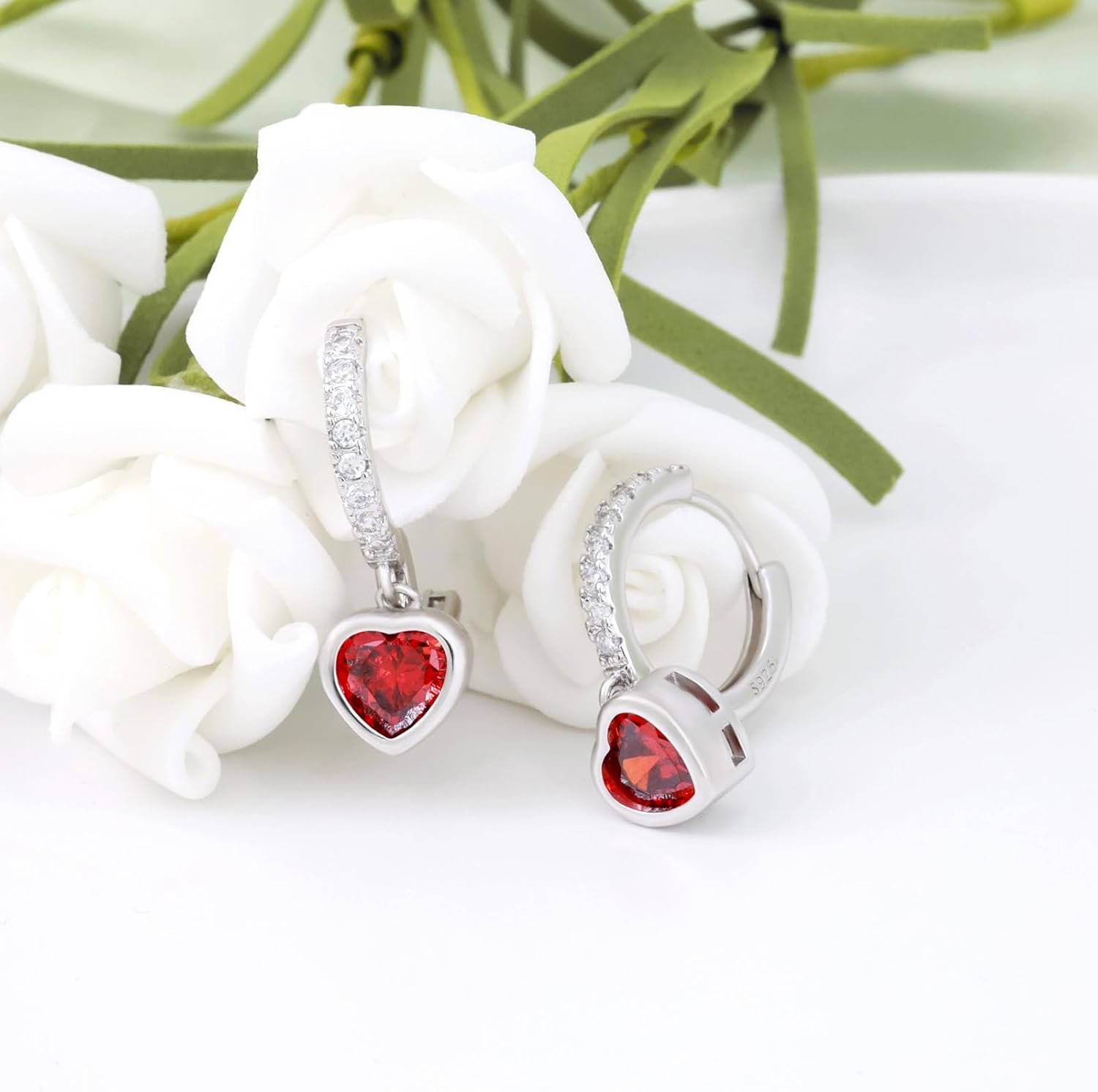 Heart Hoop Earrings with Dangle Sterling Silver Love Heart-Shaped Loop Earrings for Women Hypoallergenic Sparkle Birthstone Cubic Zirconia Hoop Earring with Dangling Charms Dainty Fashion Jewelry Gift - Image 4