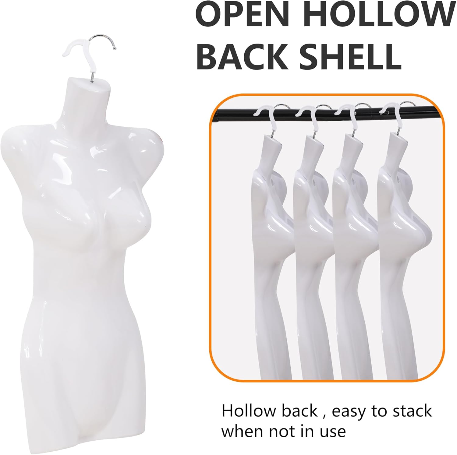 4PCS Sewing Mannequin Polypropylene (PP) Retail Mannequin Torso Sewing Manikin Hanging Type Mannequin Clothing Form Display Mannequin with Metal Hook (White, 27Inch)