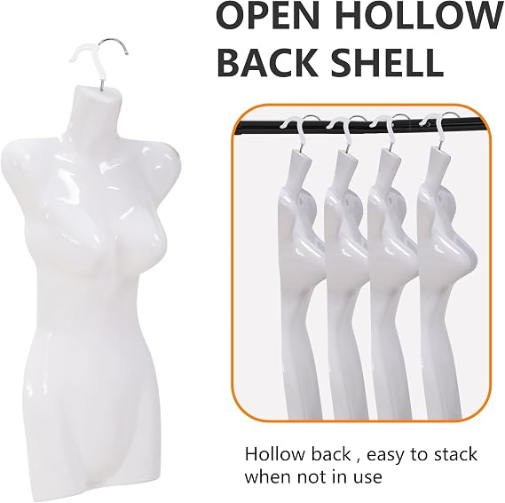 4PCS Sewing Mannequin Polypropylene (PP) Retail Mannequin Torso Sewing Manikin Hanging Type Mannequin Clothing Form Display Mannequin with Metal Hook (White, 27Inch)