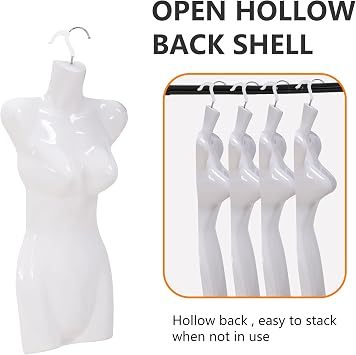 4PCS Sewing Mannequin Polypropylene (PP) Retail Mannequin Torso Sewing Manikin Hanging Type Mannequin Clothing Form Display Mannequin with Metal Hook (White, 27Inch)