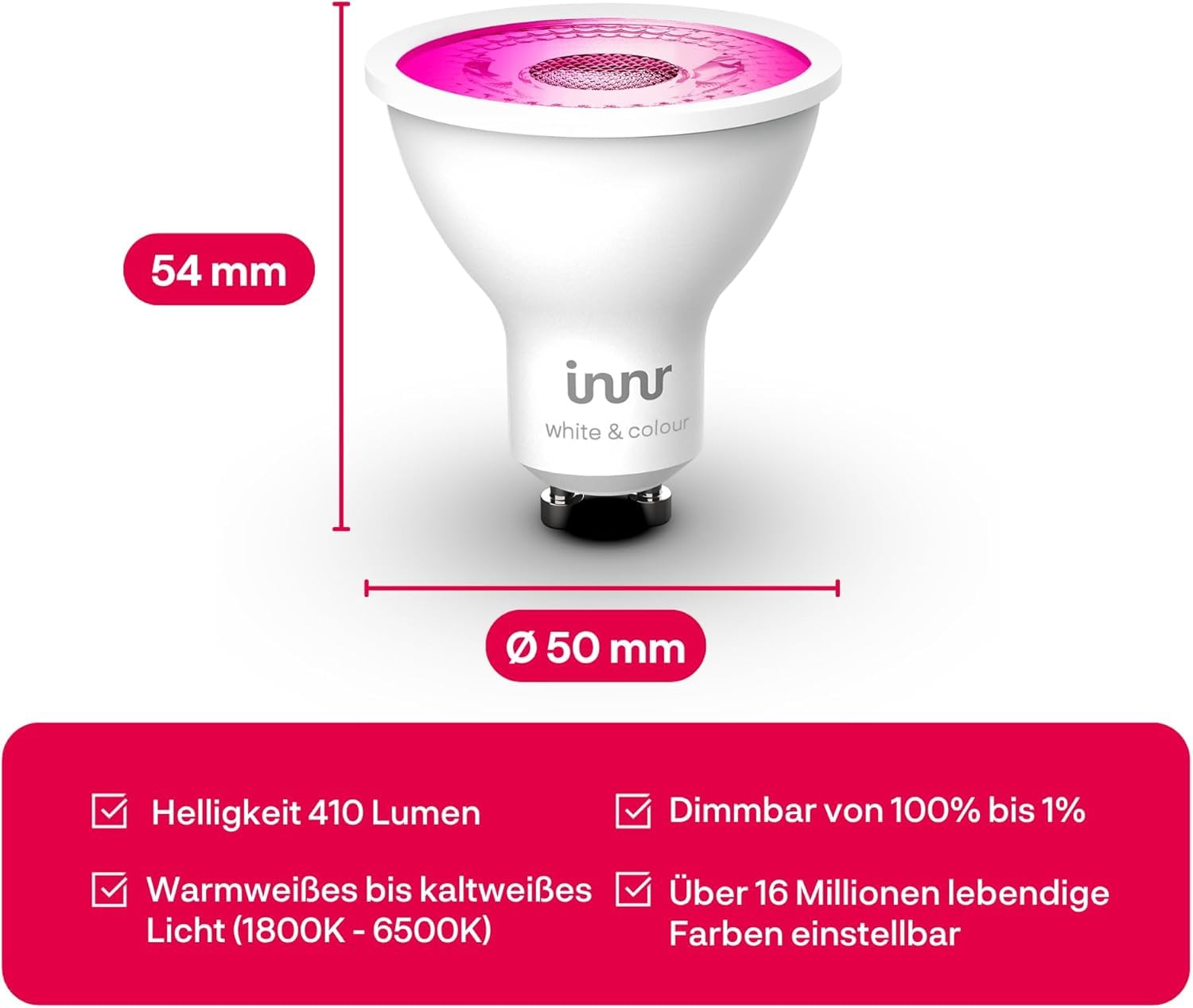 innr Smart GU10 LED Spot, White & Color, für Hue* & Zigbee Hubs, 4-er Pack | Smart Home Lampe, 16 Millionen Farben, 1800K-6500K, 410 Lumen, Dimmbar