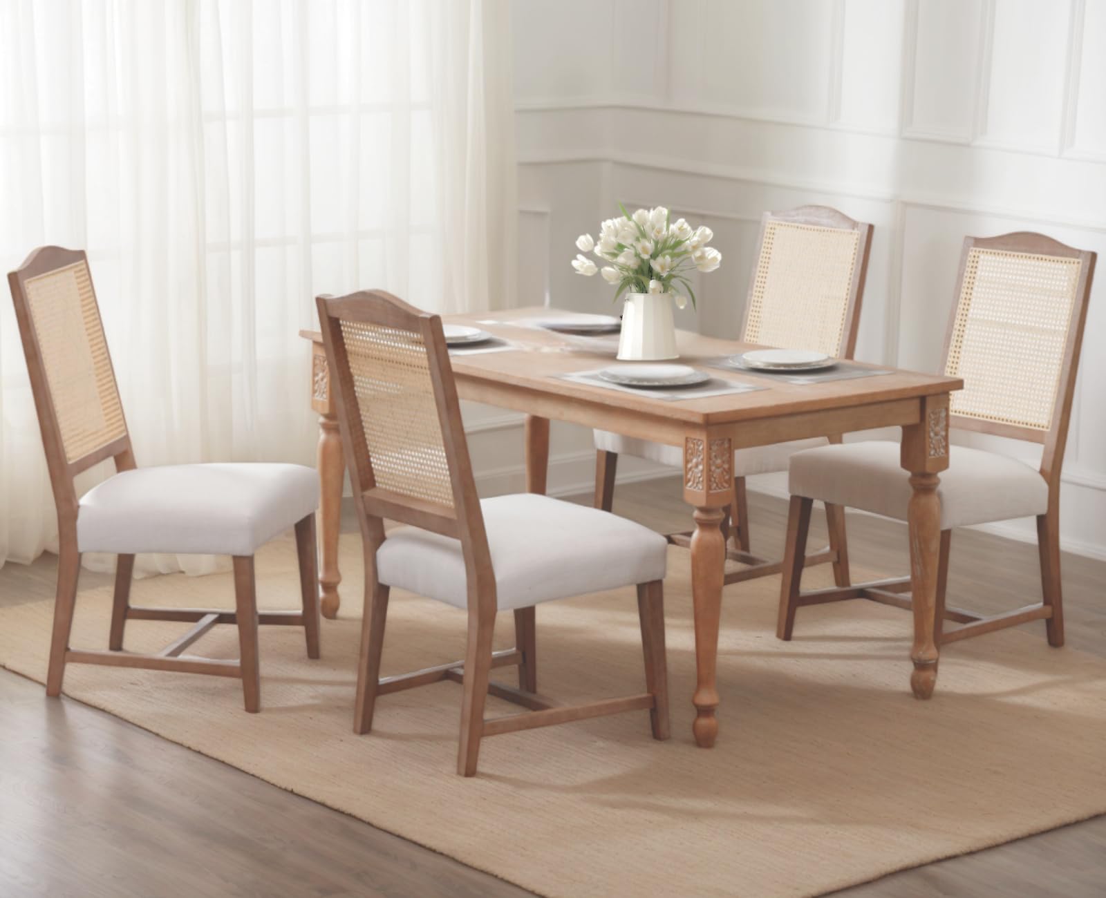CIMOTA Mid Century Modern Rattan Dining Chairs Set of 4, Upholstered Farmhouse Dining Room Chairs Comfortable Natural Wooden Kitchen Chairs with High Cane Backs, Linen Beige/4PCS