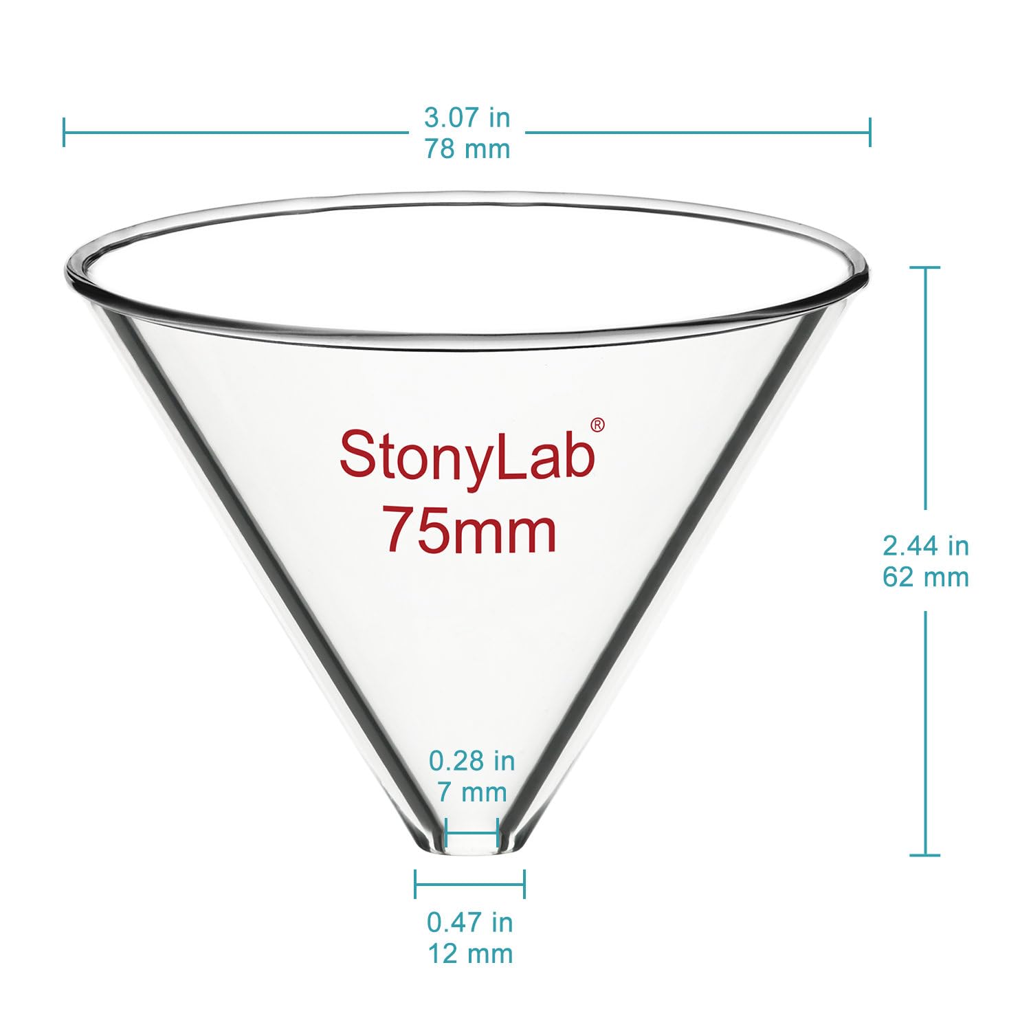 stonylab Imbuto di Vetro, Imbuto Senza Stelo in Vetro Borosilicato Addensato con Diametro Interno di 75 mm per Uso in Laboratorio