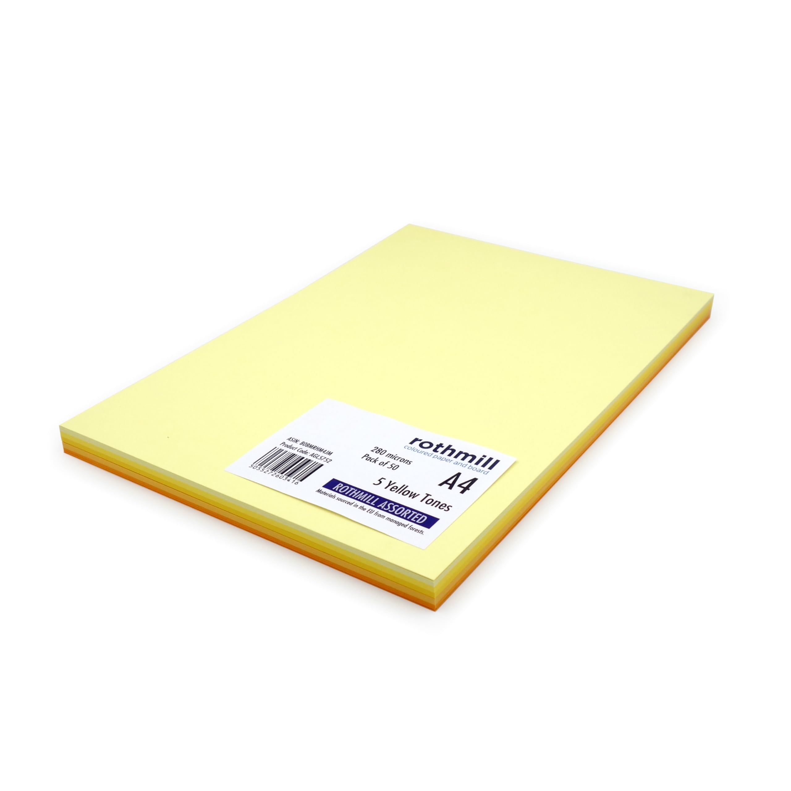Rothmill A4 Coloured Card Stock, 220gsm Weight and 280 Micron Thickness, Yellow Card Pack with 5 'Yellow' Tones, Ideal for Arts and Craft, Office and Stationery Use - 50 Sheets