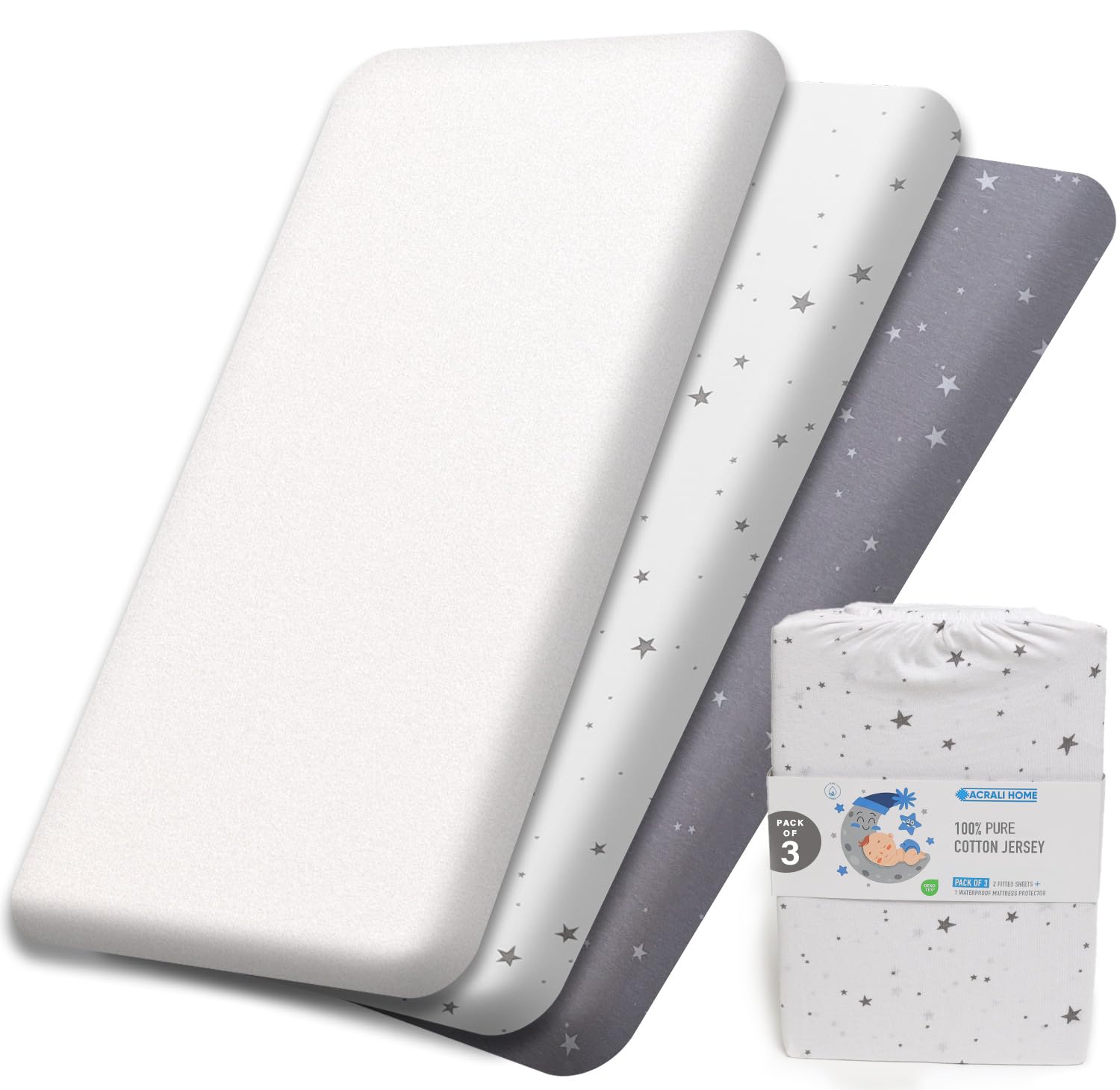 Next to Me Crib Sheets 55x90 cm, 3 Pack, 1 Waterproof Crib Mattress Protector