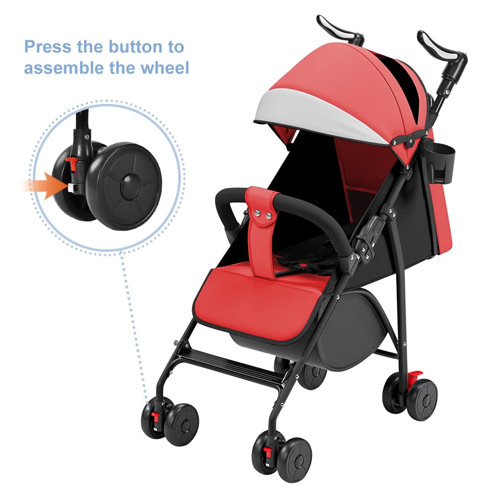 Poussette canne compacte Ingenious,Assis, inclinable, réglable, 4 roues, avec moustiquaire et coussins en coton/rouge
