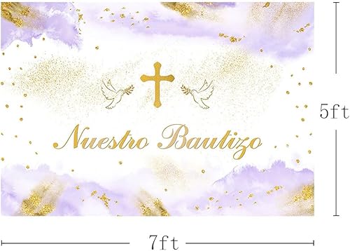 Miniatura 3 de MEHOFOND Telón de fondo de 7 x 5 pies Nuestro Bautizo púrpura Mi bautismo fotografía fondo para niñas y niños Paloma de la Paz Crucifixión Guilter