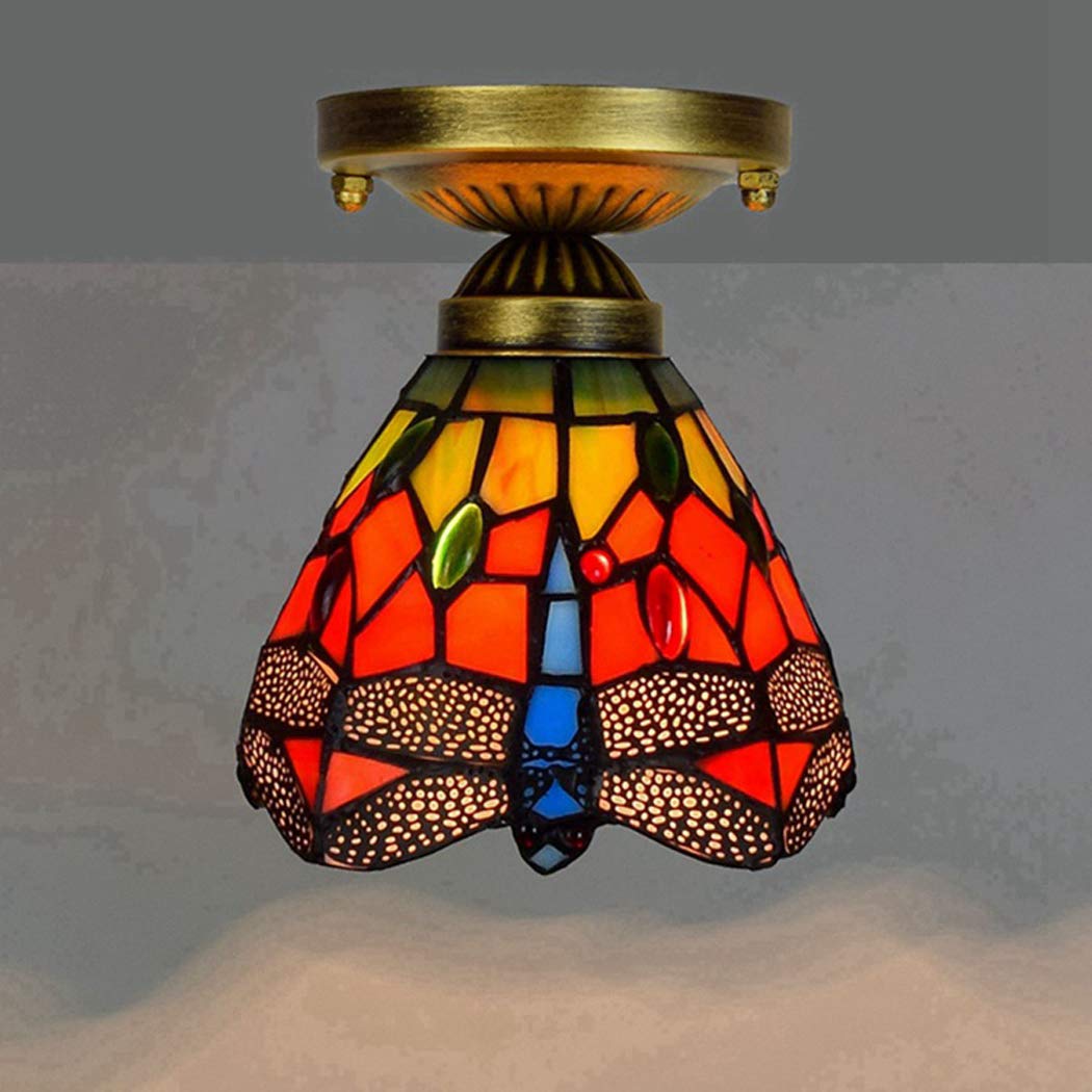Tiffany-Stil Red Dragonfly Deckenleuchten Erröten-Einfassung Deckenleuchte Handgefertigte Glasmalerei LED-Nachtlicht für Schlafzimmer Wohnzimmer, E27,15CM