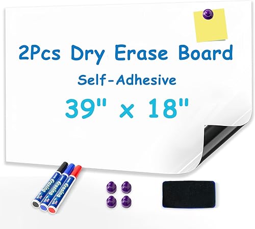 2 Pcs Magnetic Whiteboard Contact Paper 39" x 18'', YOUNGJQ Adhesive Magnetic Dry Erase White Board Sticker for Wall Peel and Stick Wallpaper Easy