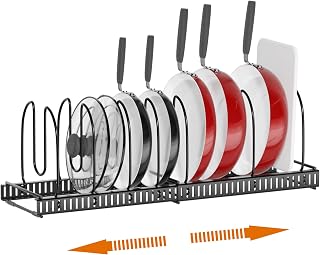 Pan Lid Holder, Adjustable Cupboard Organiser for Pot, Pan, Lid, Saucepan, Cutting Board, Plates, Baking Tray Storage Rack, with 7 Divider, Kitchen Stand Storage for Drawer or Under Sink, Metal, Black