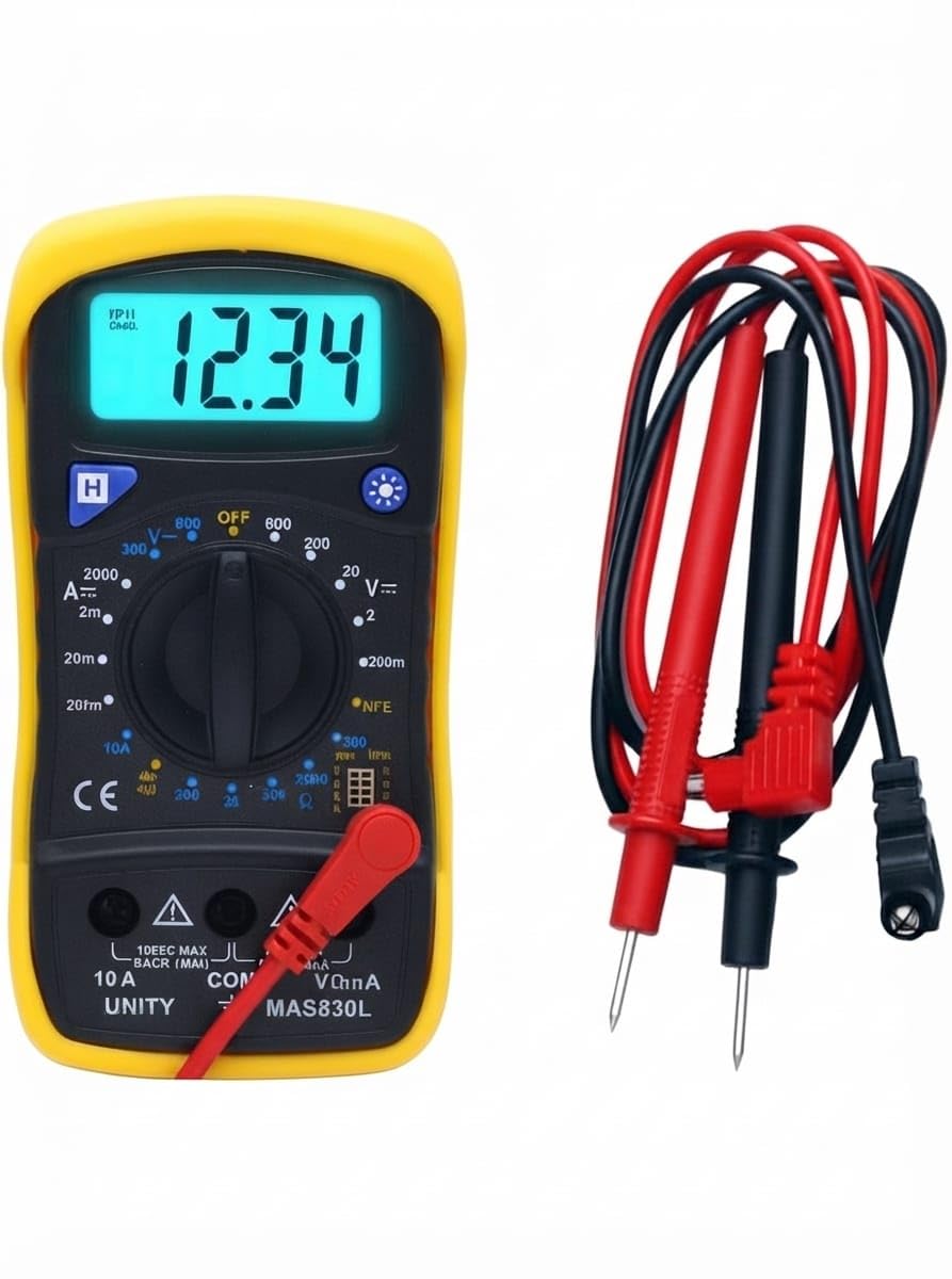 Front view of UNITY MAS830L Digital Multimeter showing display, rotary dial, and input jacks