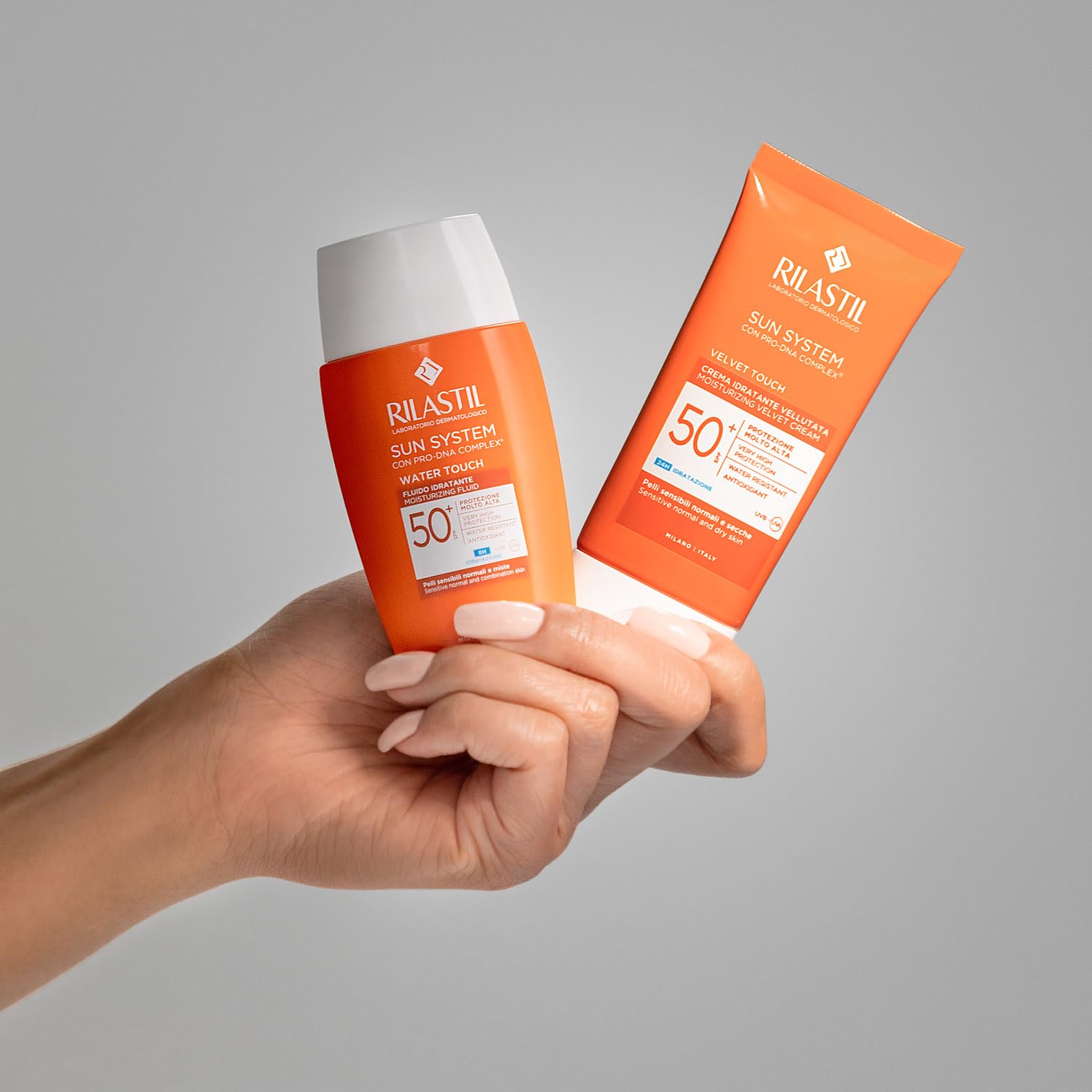 Rilastil Sun System Crema Velluta Idratante Viso, Texture Extra Soffice a Rapido Assorbimento, Pelli Sensibili, Resistente all'Acqua SPF 50+, Confezione da 50ml