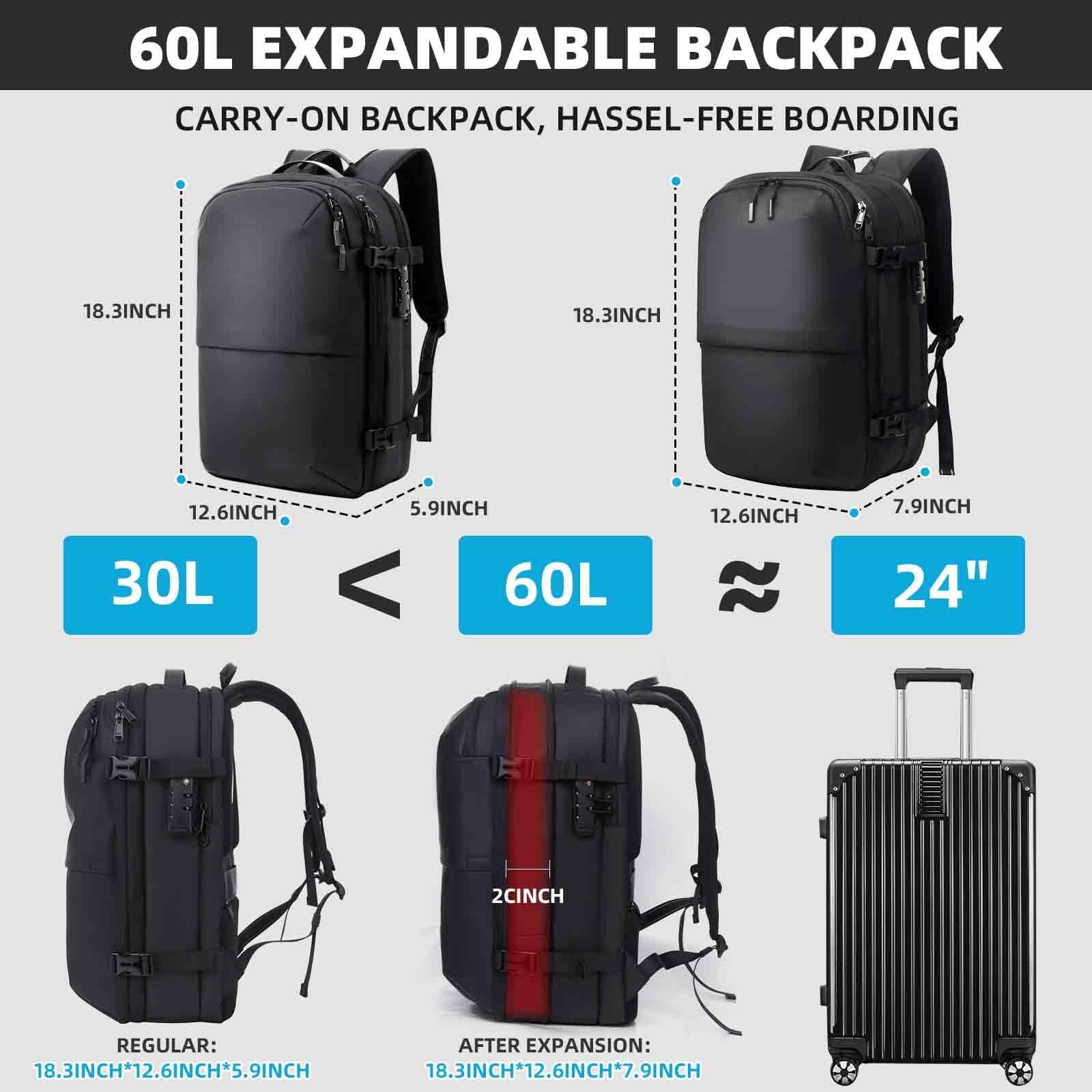 KINGSLONG Vacpack Rucksack, 60 l, erweiterbarer Rucksack mit Pumpe und TSA-Zollschloss, Schwarz