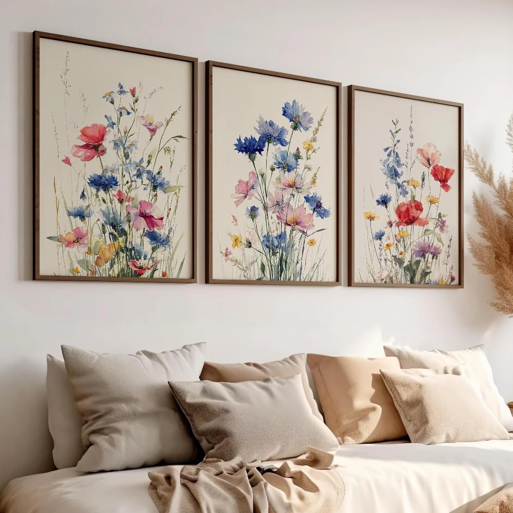 Ltjiajuypd Frameless Blue Pink Watercolor Wildflowers Poster Canvas Print Botanical Realistic Flower Wall Art Floral Summer Minimalist Decor(50X70cm-3Pcs)