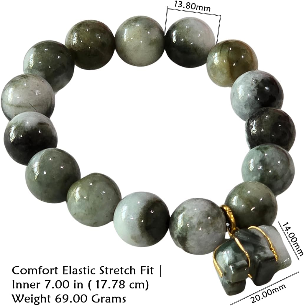 Natural Burmese Jade Bracelet with Elephant Charm – Genuine 13.80mm Green Jade Beaded Stretch Bracelet for Women & Men, Feng Shui Lucky Wealth Protection Crystal Jewelry with Red Gift Pouch