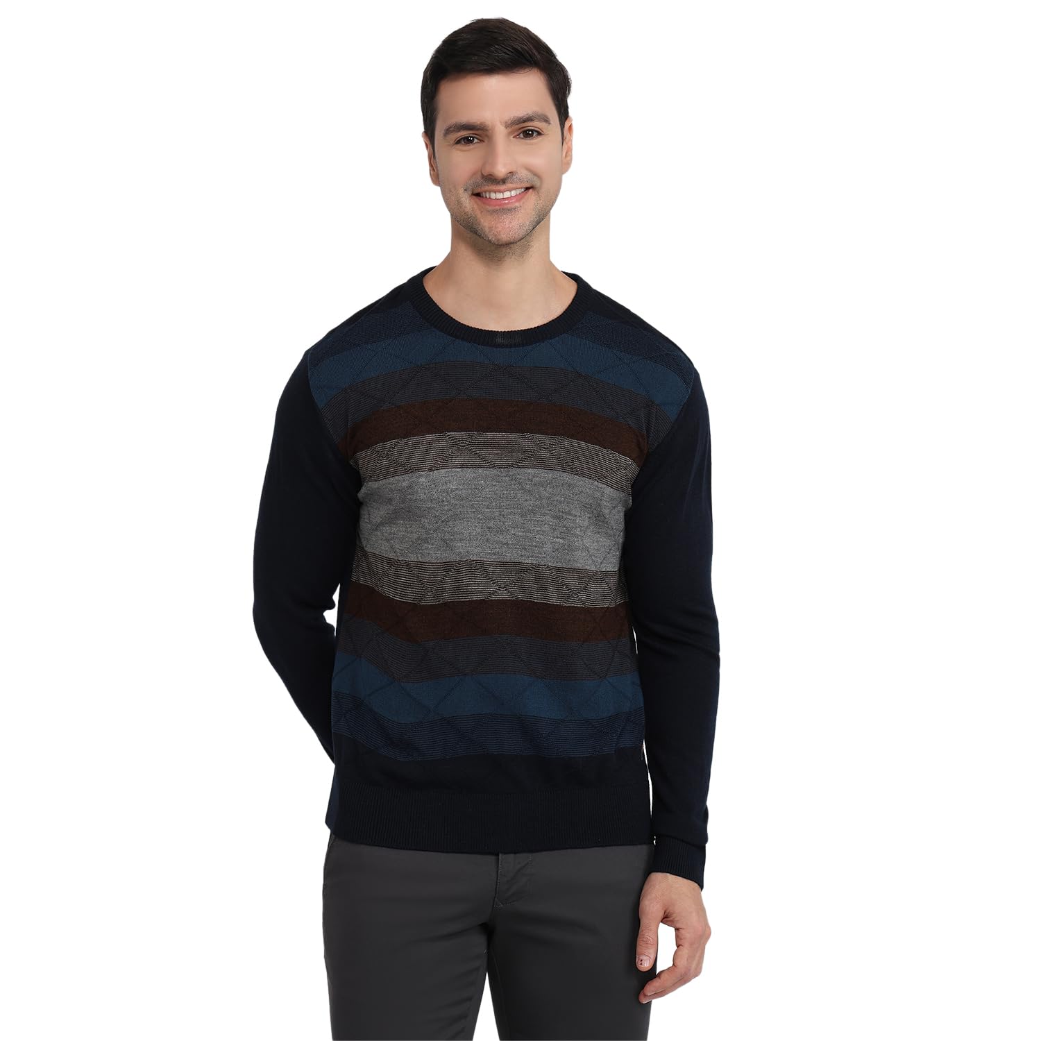 Men Regular Fit Stripe Pattern Pure Acrylic Full Sleeve Round Neck Casual Sweater-image-43