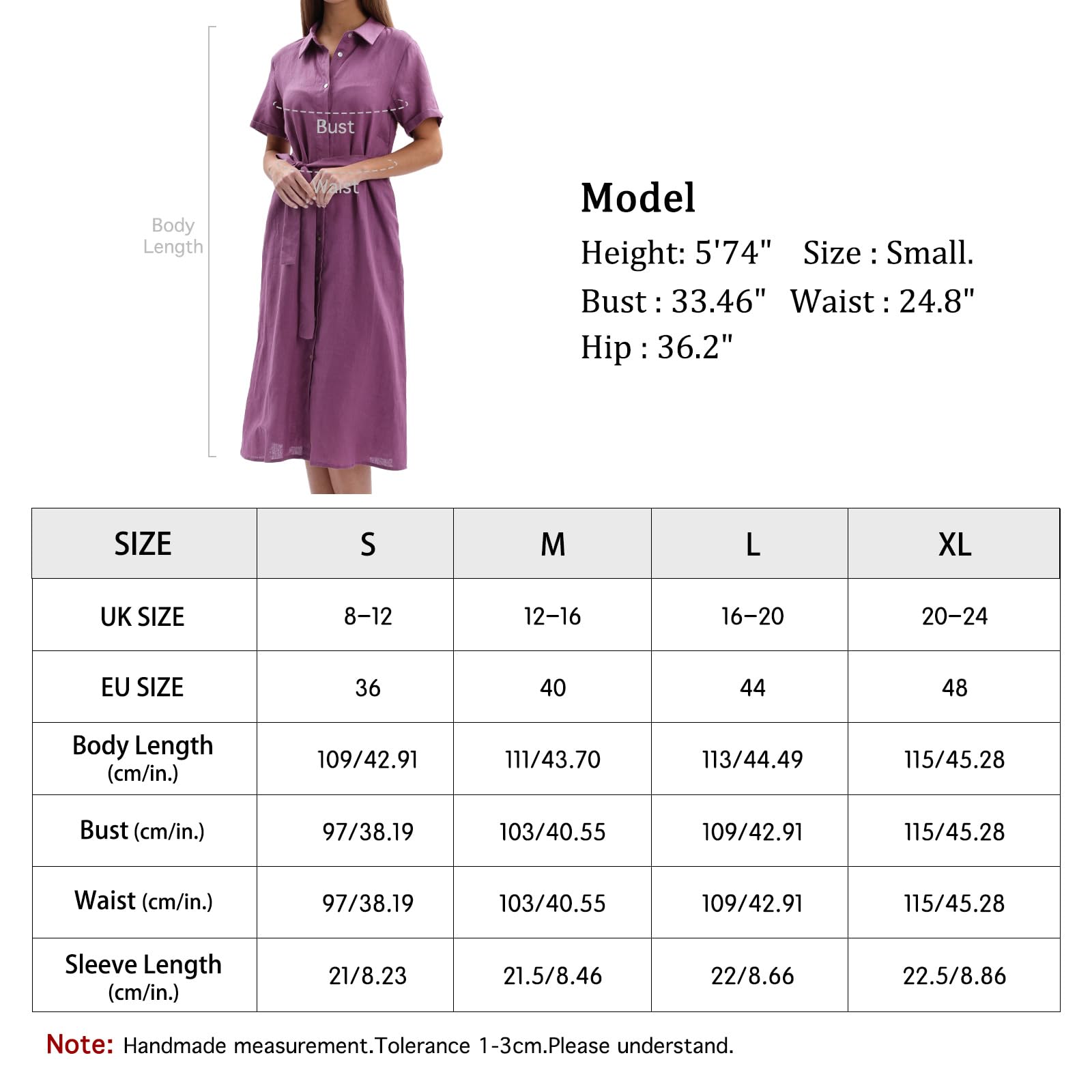 Amazhiyu Robe chemisier en lin pour femme - Robe midi - Robe en lin - Robe d'été - Longueur genou - Élégante avec poches et ceinture