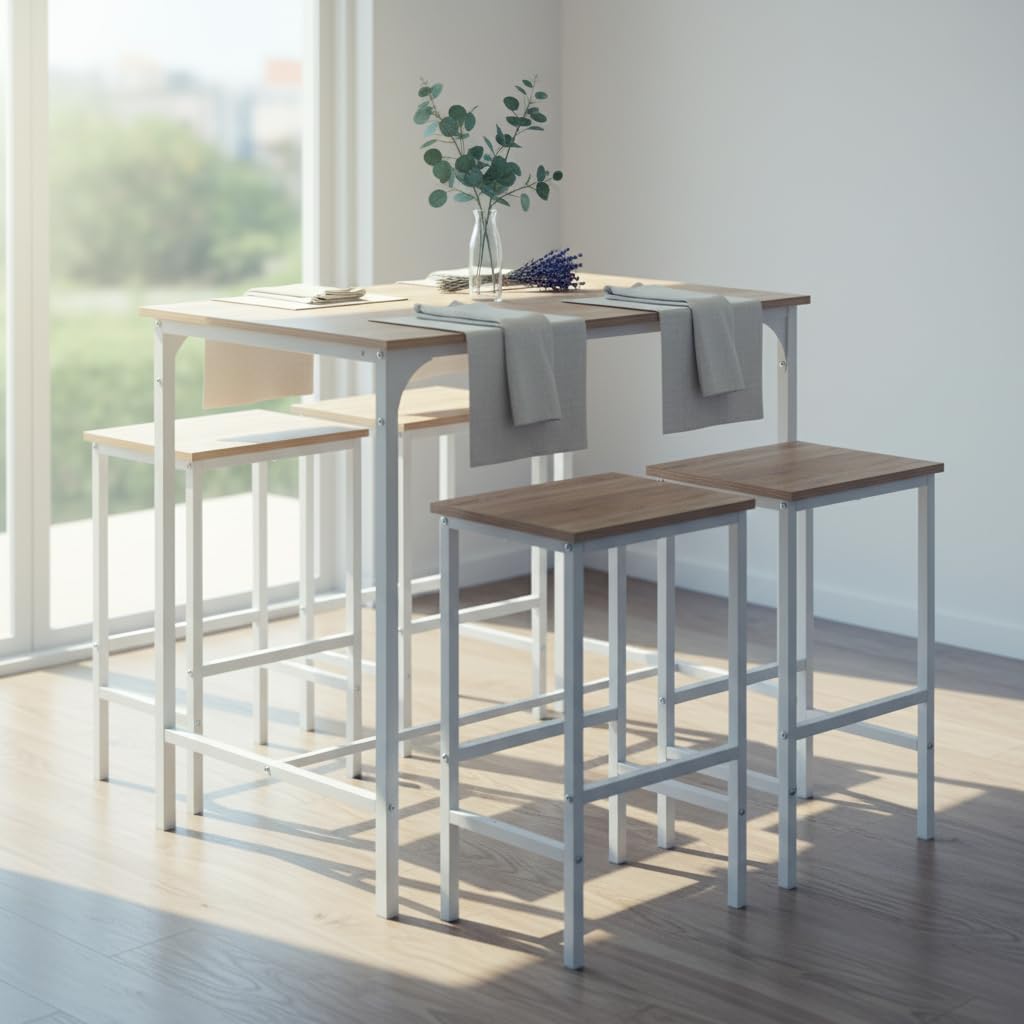buybyroom Tavolo da bar con sgabello da bar – Set da pranzo con 4 sedie effetto rovere con venature, 100 x 60 x 90 cm