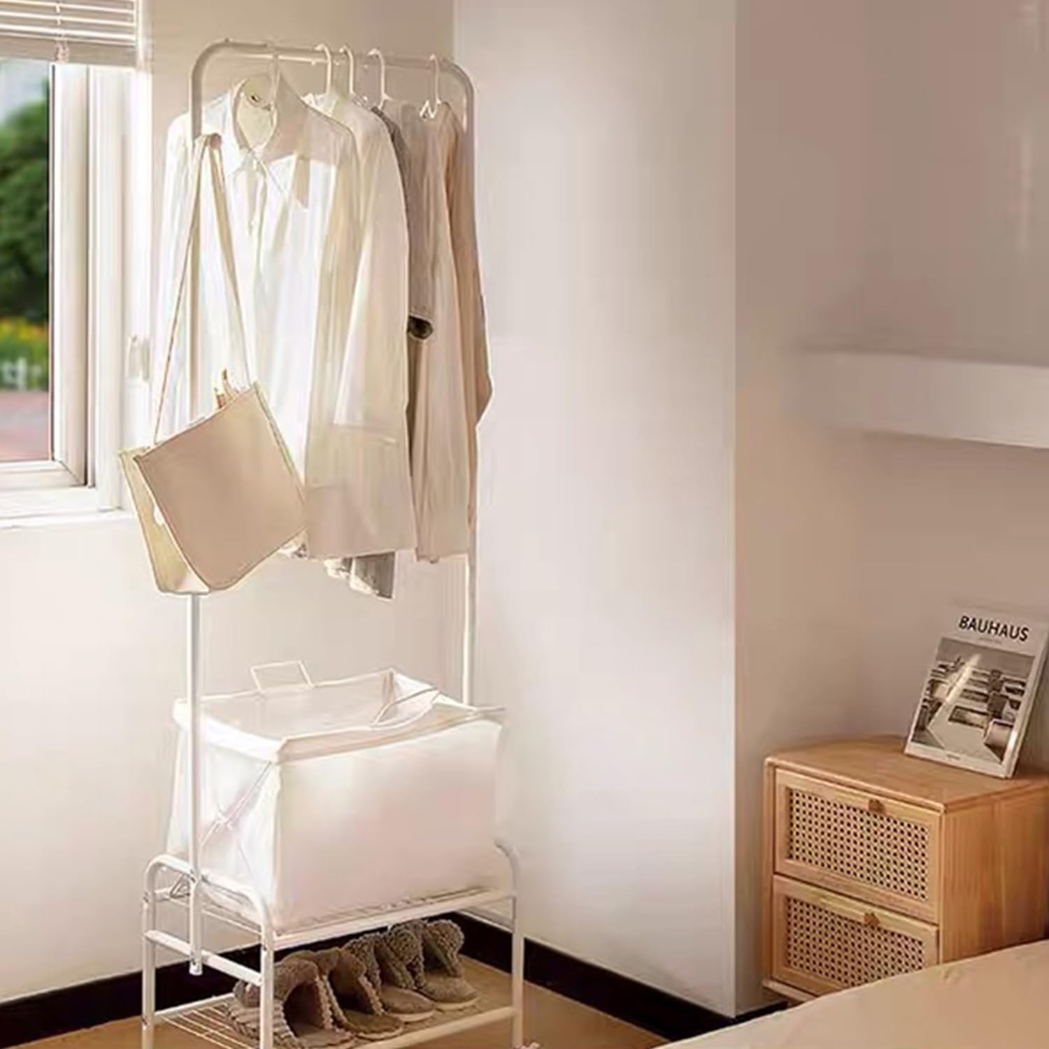 Rolling Laundry Cart with Clothes Rack, Wire Laundry Hamper Basket with Wheels for Sorter, Heavy Duty Storage Metal Frame Dirty Clothes Shelf for Hotel, Home, Closet, Dorm, White (Foldable Fabric Bin)