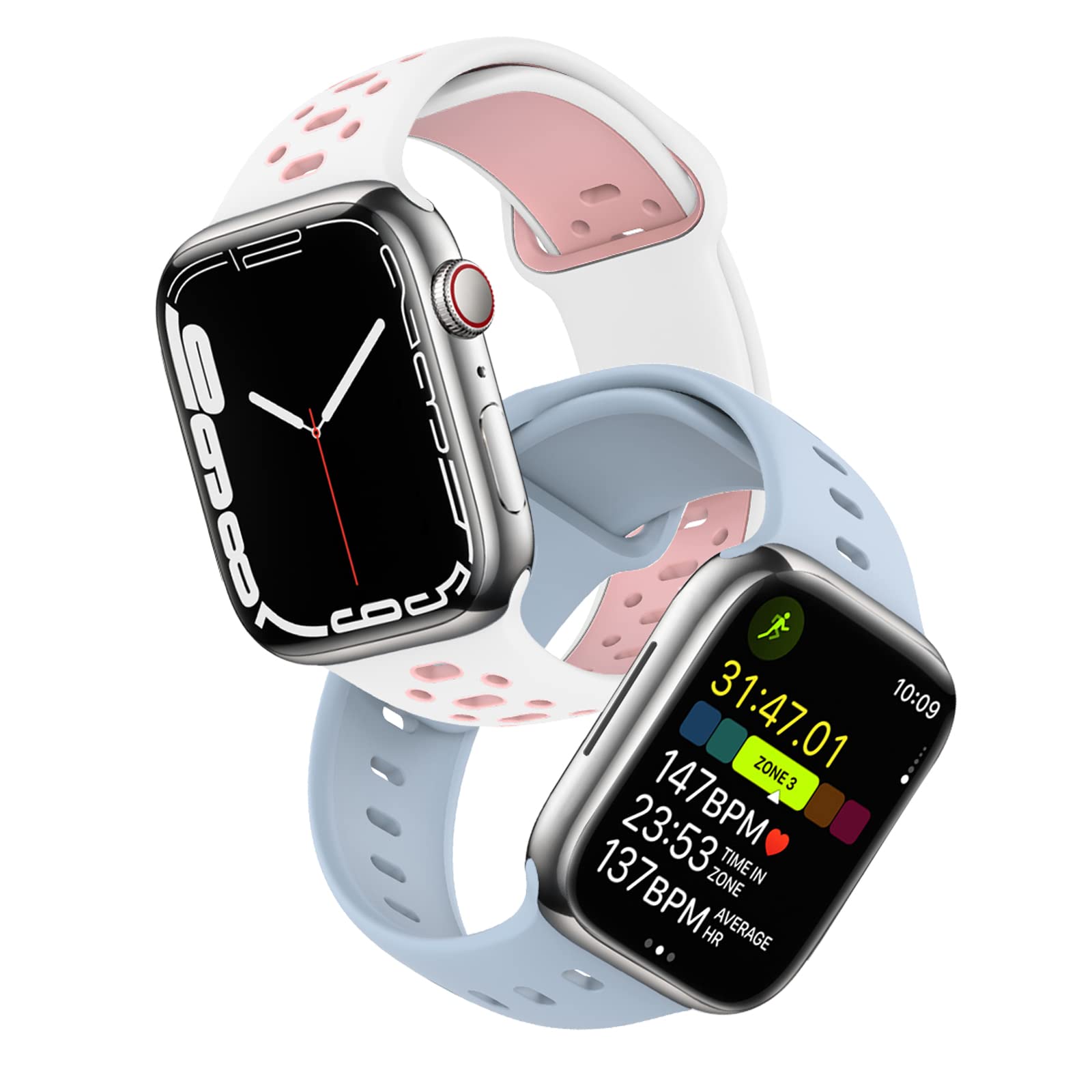 Photo 1 of 2 Pack Sport Bands Compatible with Apple Watch Band Series 8 7 6 5 4 3 2 1 SE 38mm 40mm 41mm 42mm 44mm 45mm Women Men, One Pure Color Band+One Double Color Band, Both Soft Breathable Straps for iWatch Bands Blue Fog + White/Pink 38/40/41mm