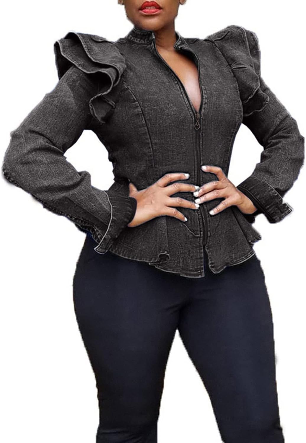 ECHOINE Women Casual Denim Jacket - Long Sleeve Zip Ruffle Shoulder Jean Jackets Peplum Coat Plus Size