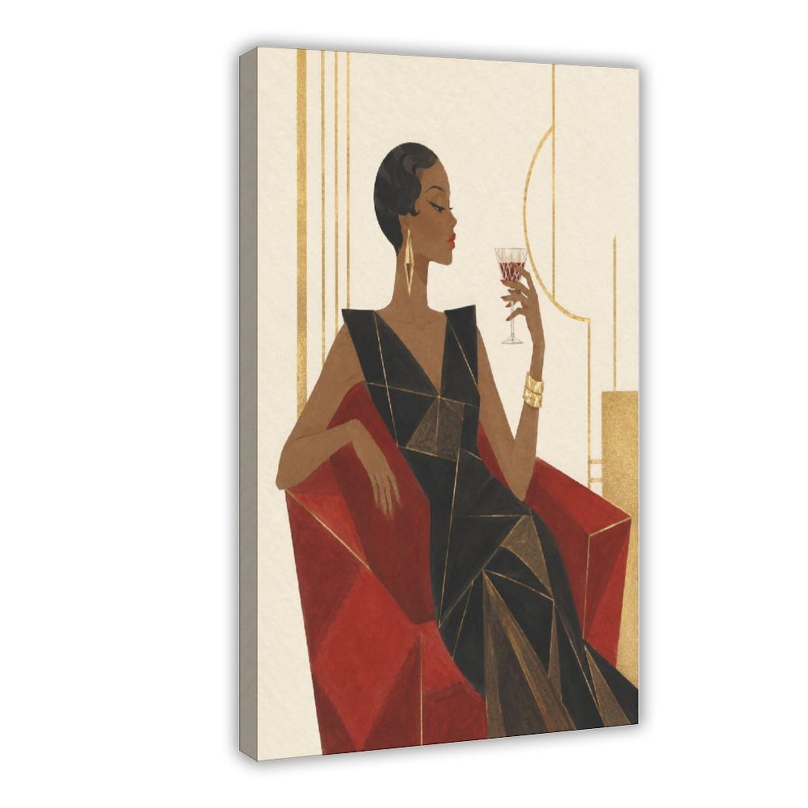 W7c8u2x3 Frame-Style-6 Elegant Woman With Wine Canvas Wall Art, Cubist Entryway