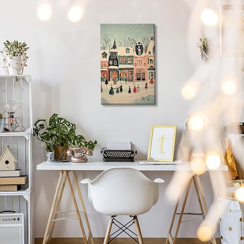 Miniatura 5 de Arte retro de pared de ciudad de Navidad, póster de lienzo con texto en inglés "Hello Diciembre", pintura moderna de paisaje de invierno para el