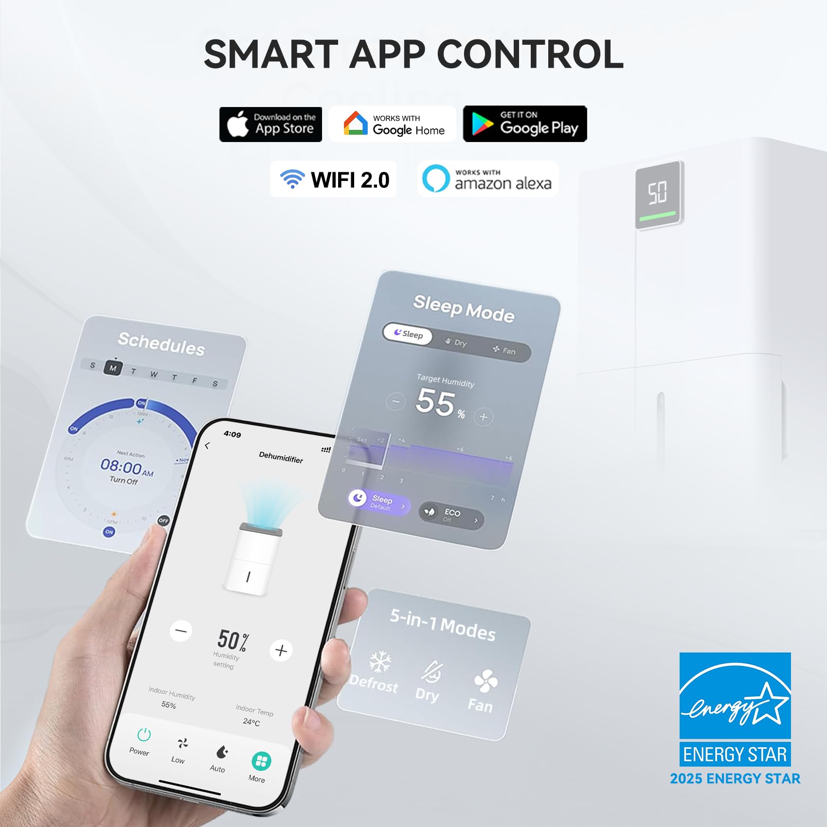 5000 Sq.Ft Most Efficient Energy Star 2025 Wi-Fi Dehumidifier, Max 80 Pints Smart Compressor Dehumidifier for Basement with Drain Hose, Intelligent Humidistat, Five Modes for Bedroom, Home, Bathroom