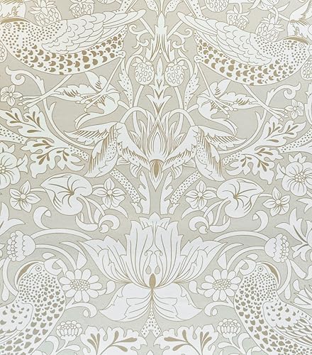17.7x394in Vintage Floral Wallpaper Peel and Stick William Morris Wallpaper Neutral Strawberry Bird Botanical Self Adhesive Removable Waterproof Contact Paper for Living Room Bedroom Bathroom