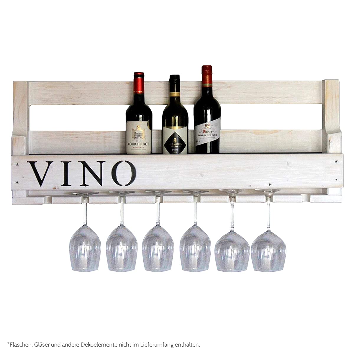 Dekorie Botellero de Madera para la Pared - Con Soporte para Copas y Texto Vino - Blanco - Montado - Estantería para Botellas y Copas — view 3