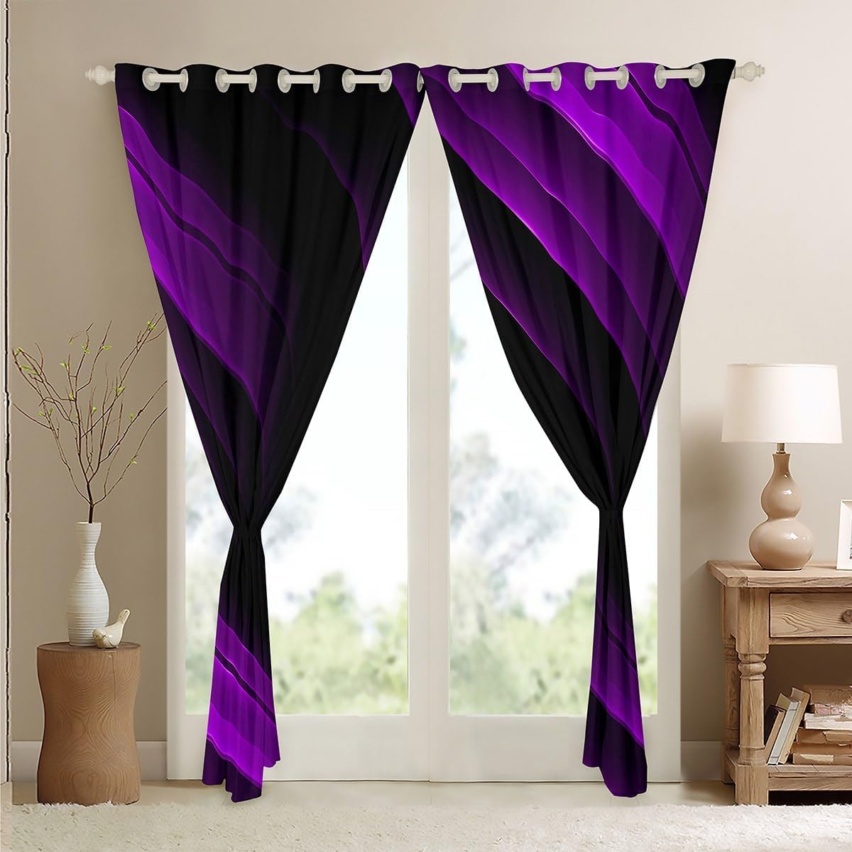 Feelyou Kids Purple and Black Geometric Blackout Curtain (30%-50%) (2 Panels, 52x63 Inch) Modern Abstract Ombre Curtain for Bedroom Striped Decor Darkening Curtain Window Treatments
