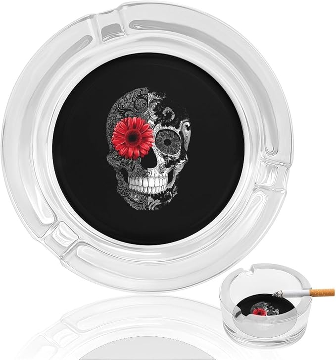 Floral Sugar Skull Glass Ashtrays Round Ash Tray Holder
