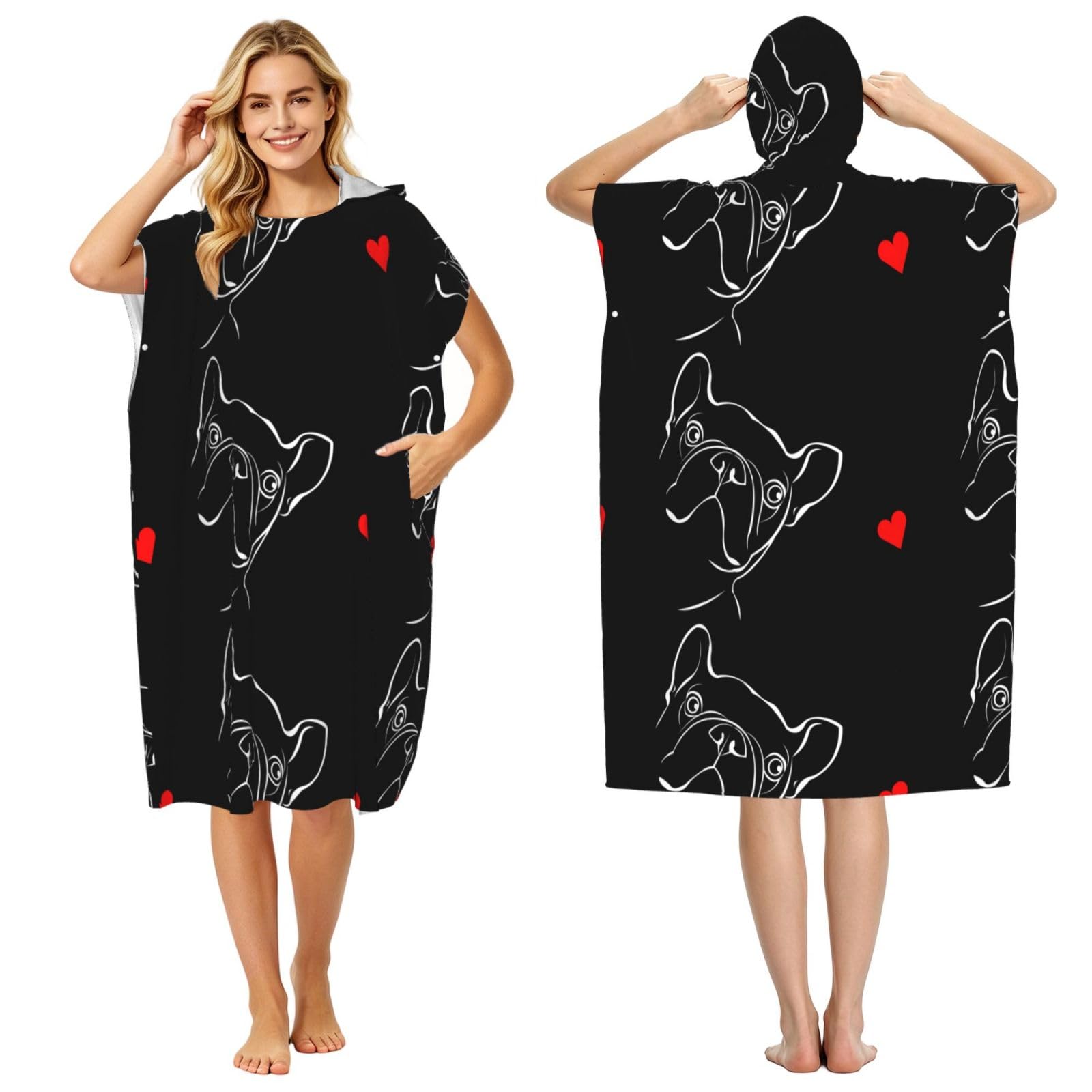 Poadnly French Bulldog, Adult Hooded Beach Towel 90 x 110 cm,Changing Bath Robe, Surf Poncho Towel For Women Men