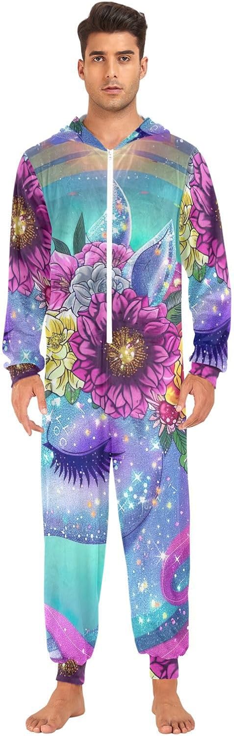 GAIREG Rainbow Unicorn Floral Hooded One-Piece Pajamas, Warm Onesie for Adult - Image 2
