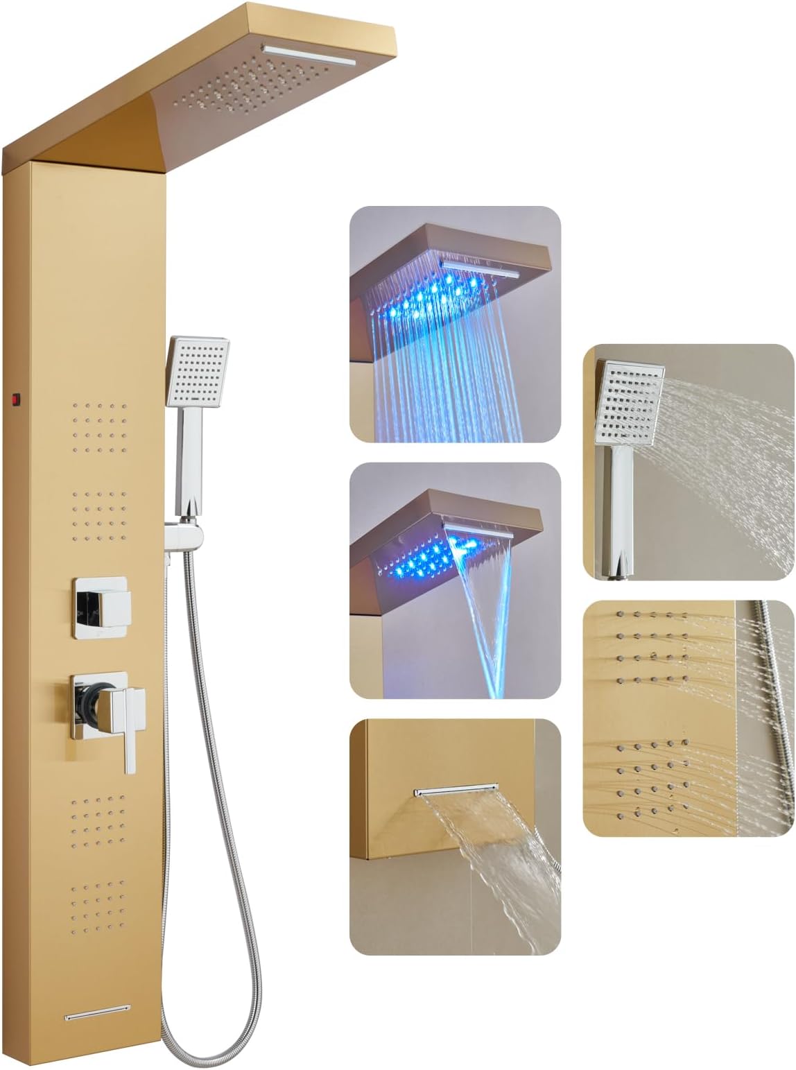 ROVOGO Gold Shower Panel Tower System with Led Lights, Rainfall Waterfall Shower Head, Body Massage Jets, Handheld and Tub Spout, Stainless Steel Shower Column with Mixer Valve, 46.5"