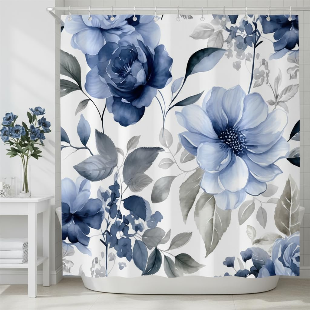 Navy Blue Floral Shower Curtain Watercolor Flower Blue and Grey Modern Abstract Simple Ink Flowers Bathroom Polyester Curtains Set with Hooks 75x70