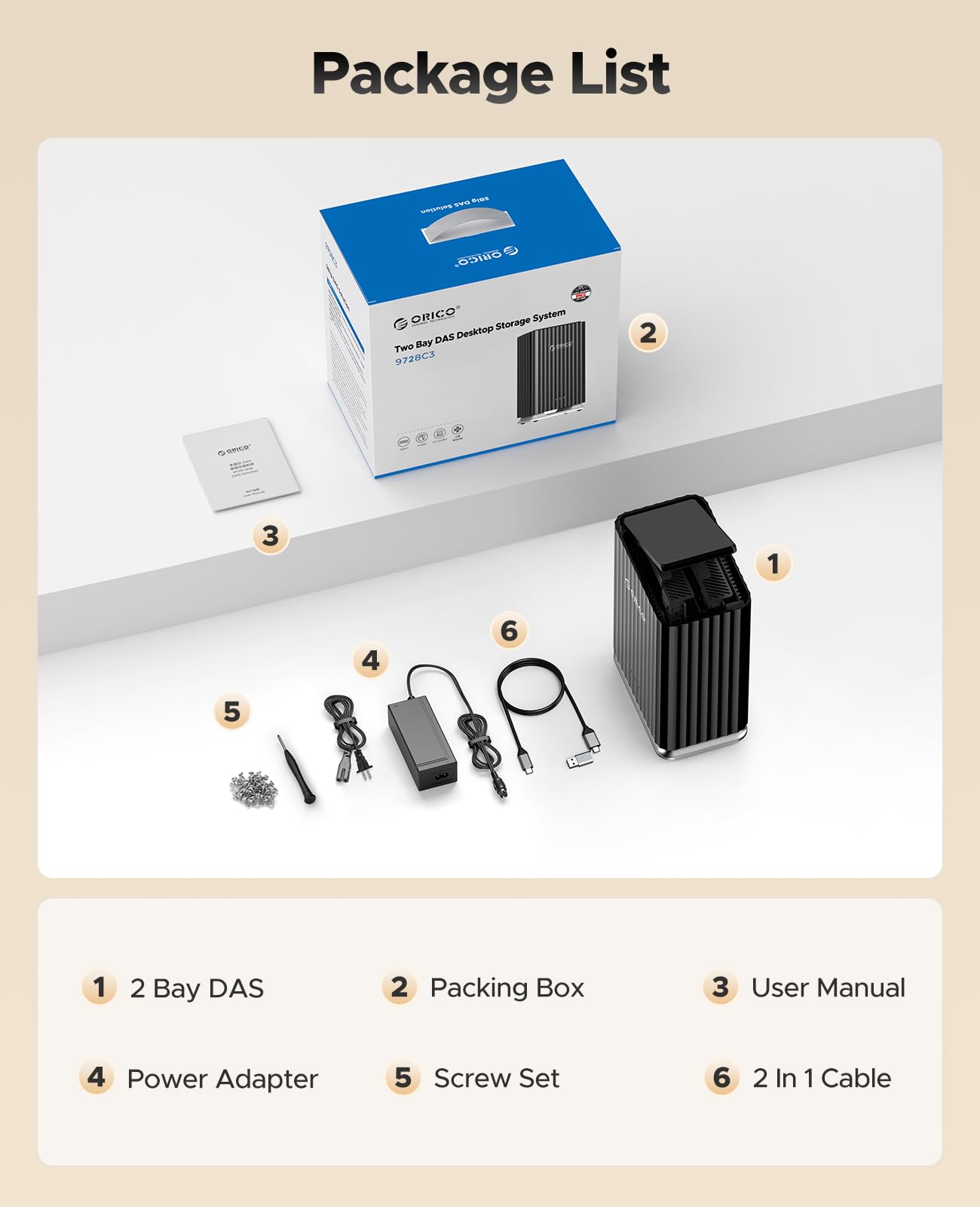 ORICO 9728C3 obudowa na dyski twarde 2 Bay dla 2,5"/3,5" SATA HDD/SSD, pamięć masowa DAS z adapterem zasilającym 12V/4A, Plug and Play Maksymalna pojemność 2*22TB dla osobistej lokalnej bazy danych