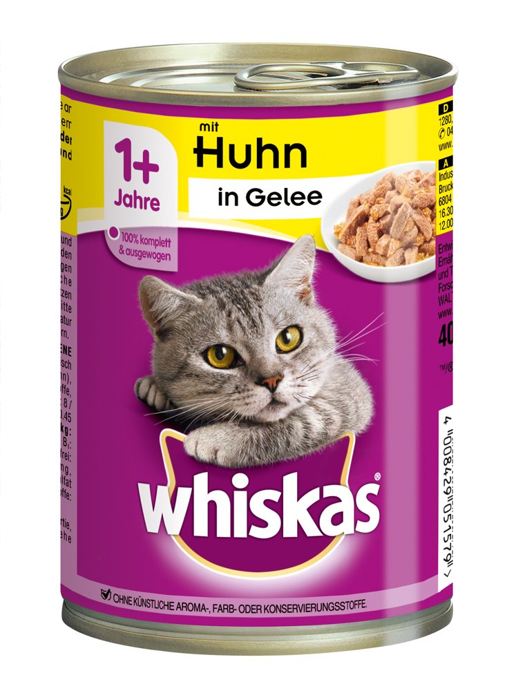 Whiskas Nourriture Humide pour Chat Adulte 1+ avec Poulet en gelée, 12 boîtes (12 x 400 g)