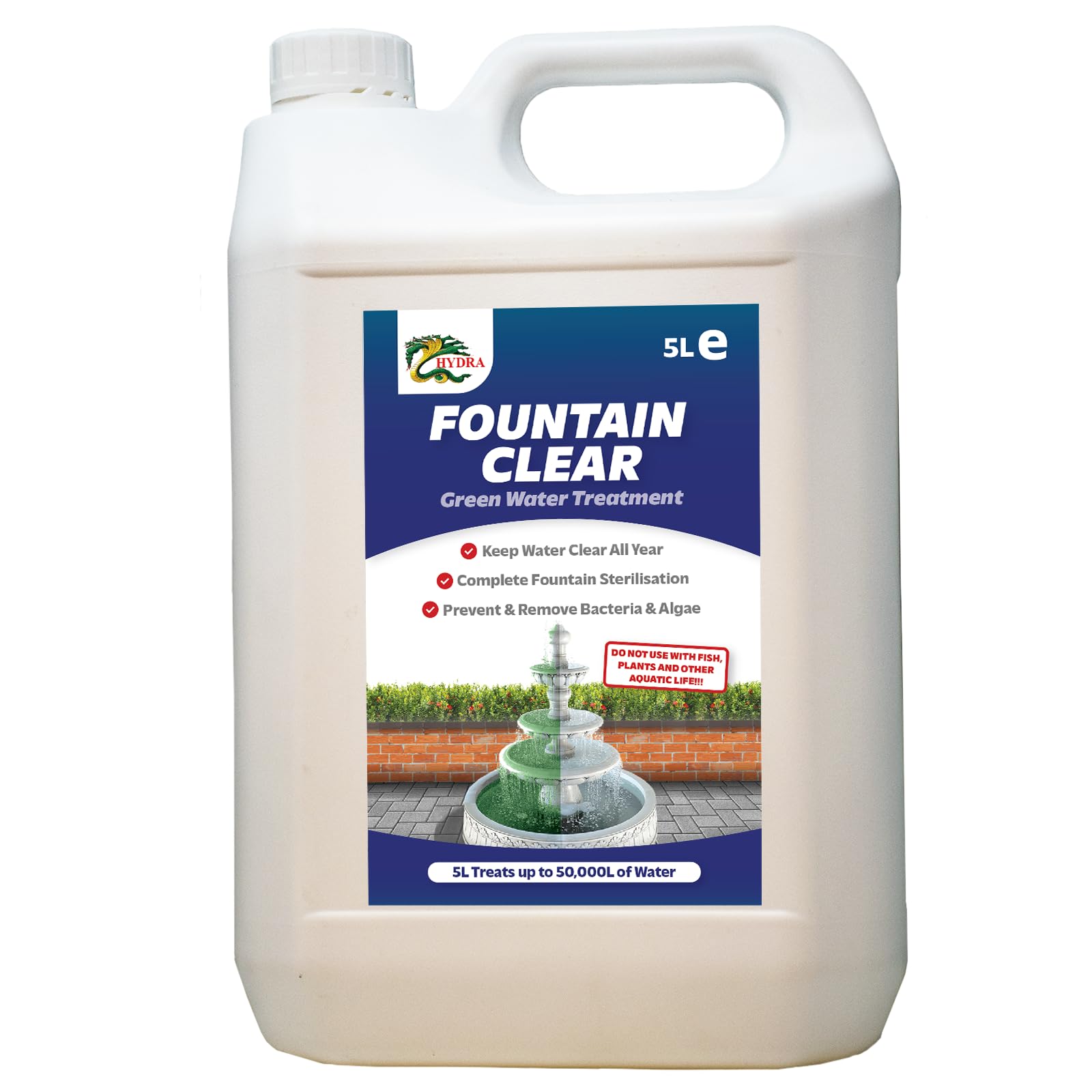 HYDRA Fountain Clear Water Feature Cleaner | 5L Treats 150,000L Highest Dilution Rates - Water Feature Treatment Keeps Water Crystal Clear from Algae, Cleans Water & Biofilm Build-up