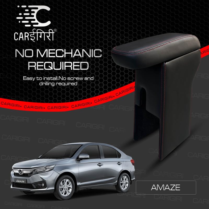 Image of Carigiri Premium Finish Car Armrest with Storage Box And High Density Moulded Foam For Honda Amaze (Models-2018-2024) (Black With Red Double Stitching,Nappa Leatherette)
