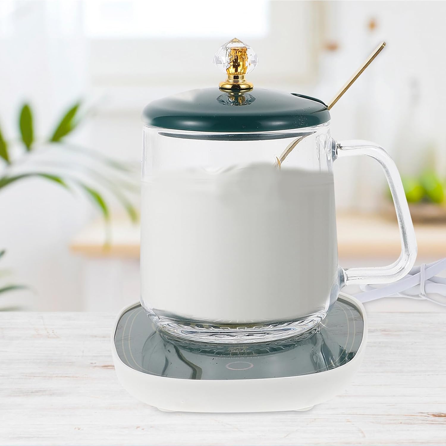 Uonlytech Ceramic Coffee Cup Warmer with Heating Coaster and Scoop Portable Insulation Mug Warmer for Hot Drinks Compact Green Glass Design US Plug Acv for Office and Home Use