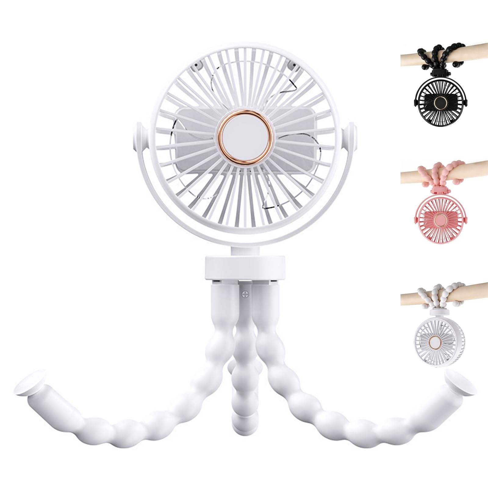 TABKSOLA USB Tragbarer Multi-Szene-Ventilator, Flexibler Lüfter mit Saugnapf & Aufhängefunktion, 3 Geschwindigkeiten & 360° Drehung für Kinderwagen, Tisch, Wand, Auto (weiß)