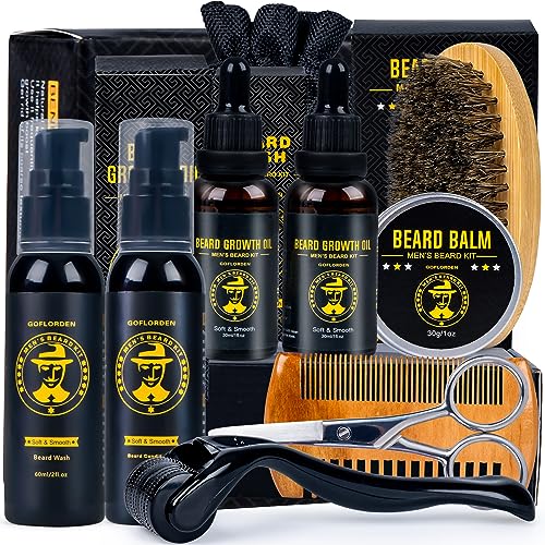 Kit de barba,Kit Barba Cuidado Para Hombre, kit de cuidado de barba para hombres, kit de crecimiento de barba con rodillo para barba, 2 paquetes de aceite de crecimiento de barba, champú para barba